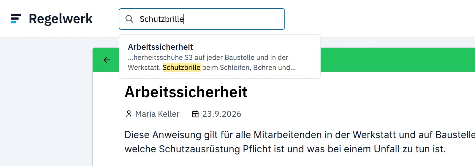 Die Suche nach „Schutzbrille“ findet die Anweisung „Arbeitssicherheit“ und hebt die Fundstelle hervor.